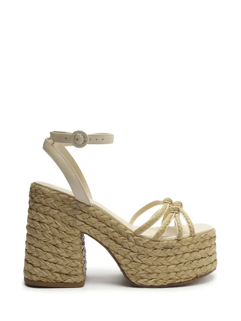 Sandália Plataforma Arezzo em Pele Branca e Ráfia