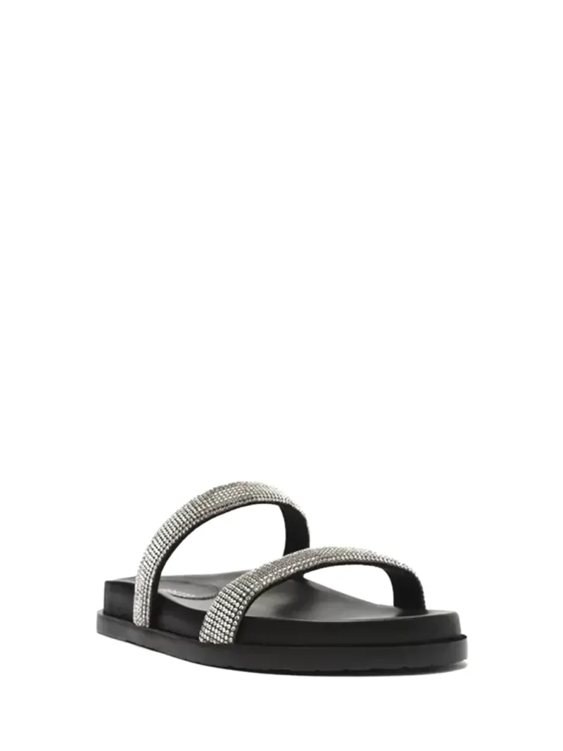 Alternative view of Sandália Rasa Arezzo Preta em Pele e Tiras com Strass