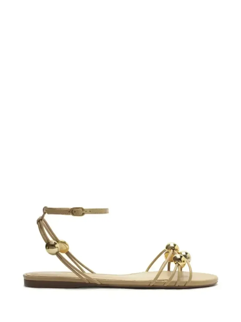 Sandália em Pele Beige e Tiras com Esferas