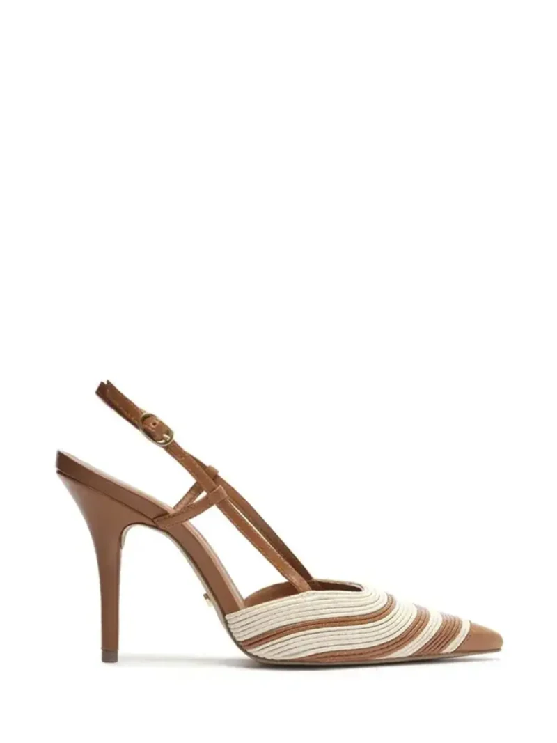 Scarpin em Pele Castanha e Riscas Beige