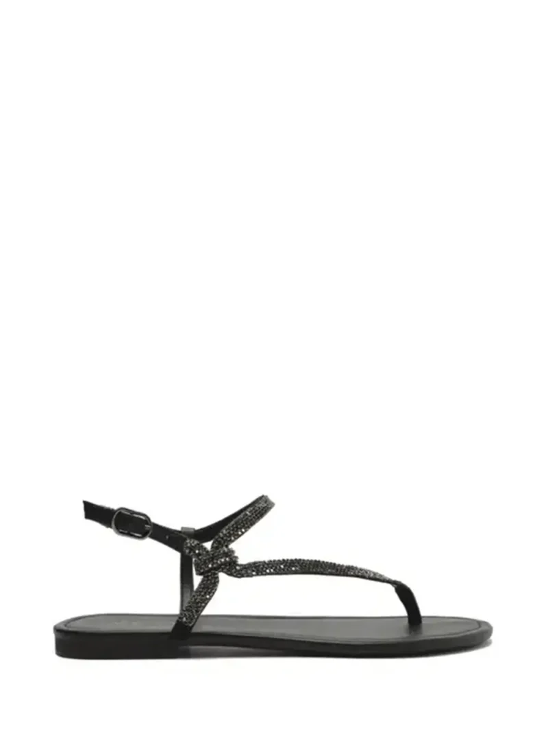 Sandália Preta em Pele e Tiras com Pedraria