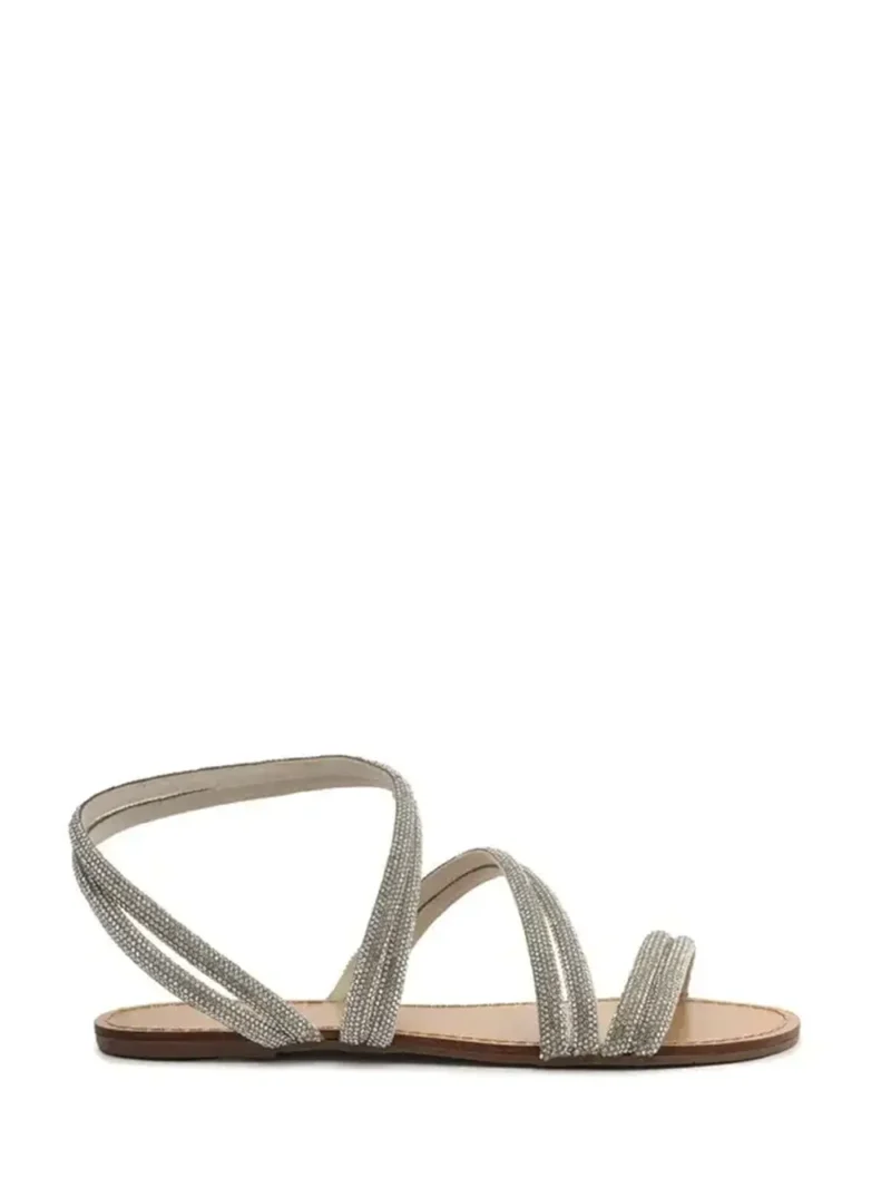 Sandália em Pele Camel e Tiras com Pedraria