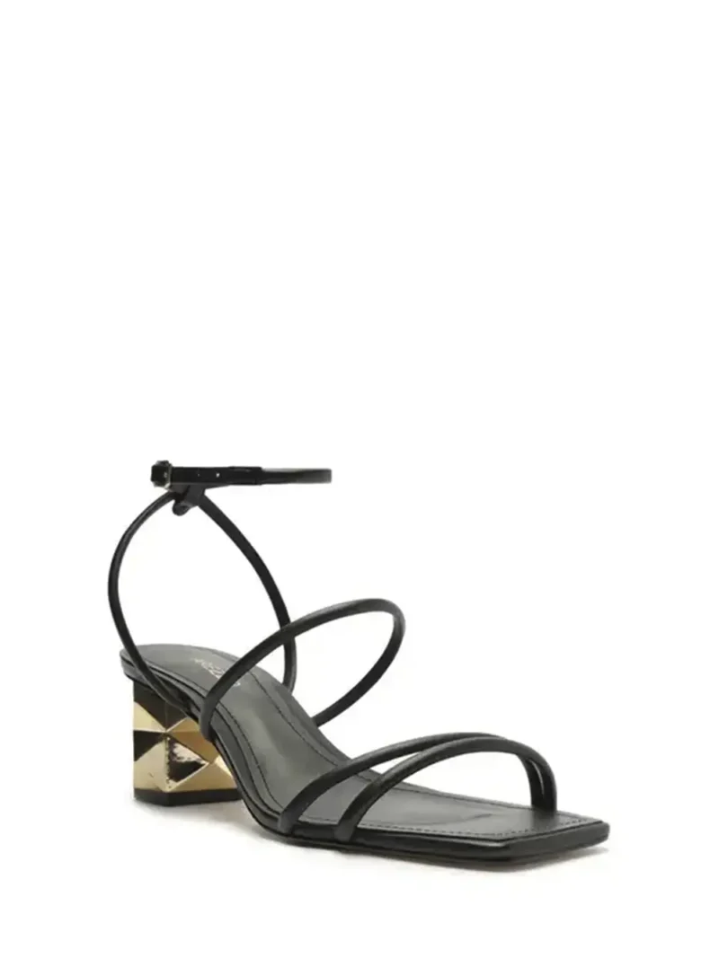 Alternative view of Sandália Preta em Pele e Salto Geométrico Dourado