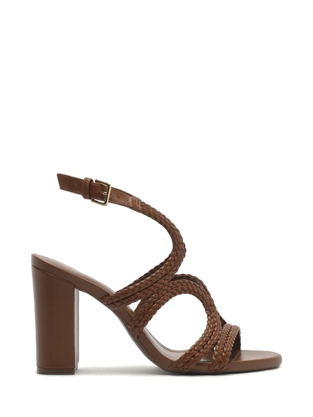 Sandália em Pele Castanha e Tiras Entrançadas