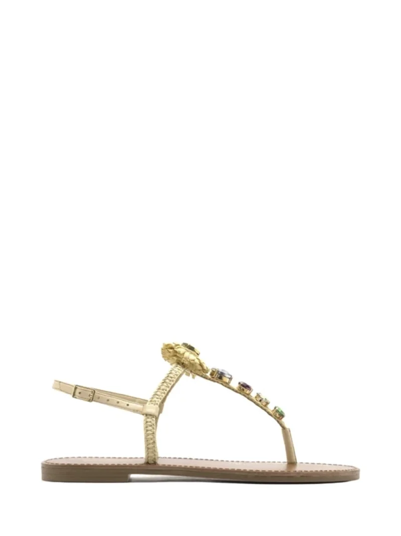 Sandália Rasa Beige Ráfia Pedrarias Flores